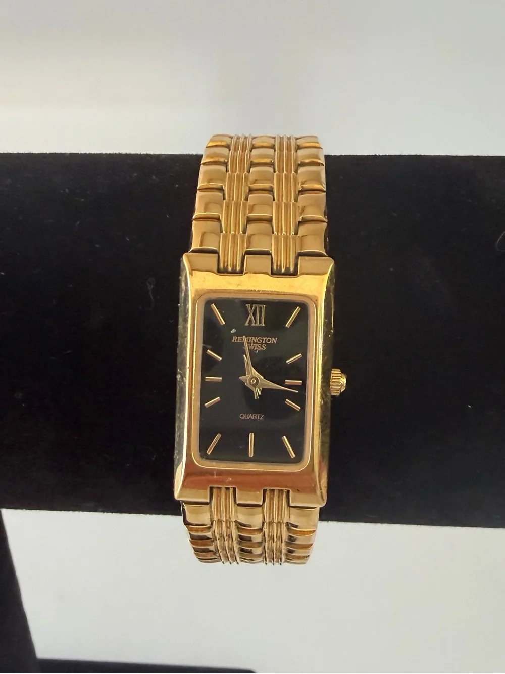 Remington Swiss Gold-Tone Rectangular Quartz Watch with Black Dial
